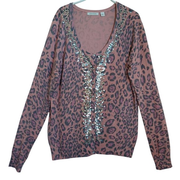 Boston Proper Sweater Cardigan Pink Animal Print Sequin Detail Womens Large - Picture 1 of 12